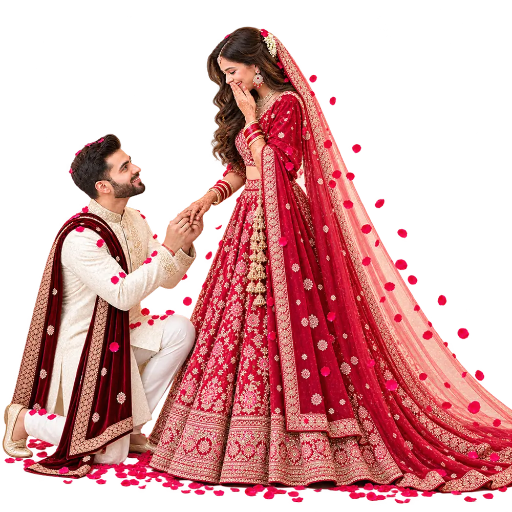Happy couple celebrating their wedding with Saathphere invitation website
